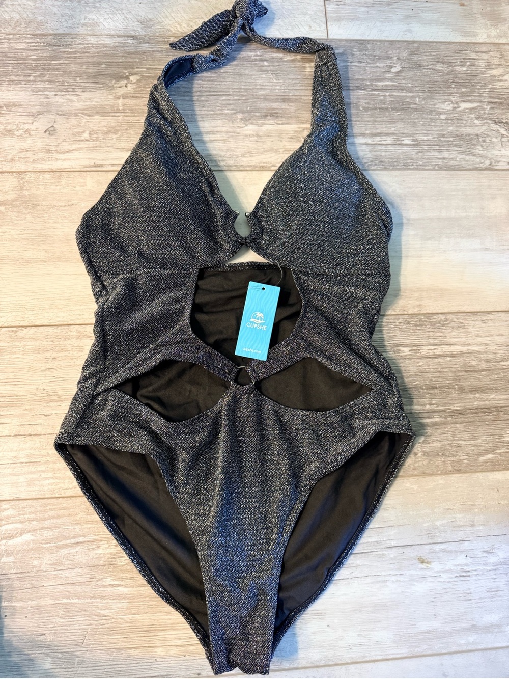 CUPSHE Metallic Silver Black Cutout One Piece Swimsuit Size L NWT